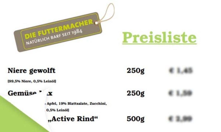 Preisliste die Futtermacher bei hund & katz, München